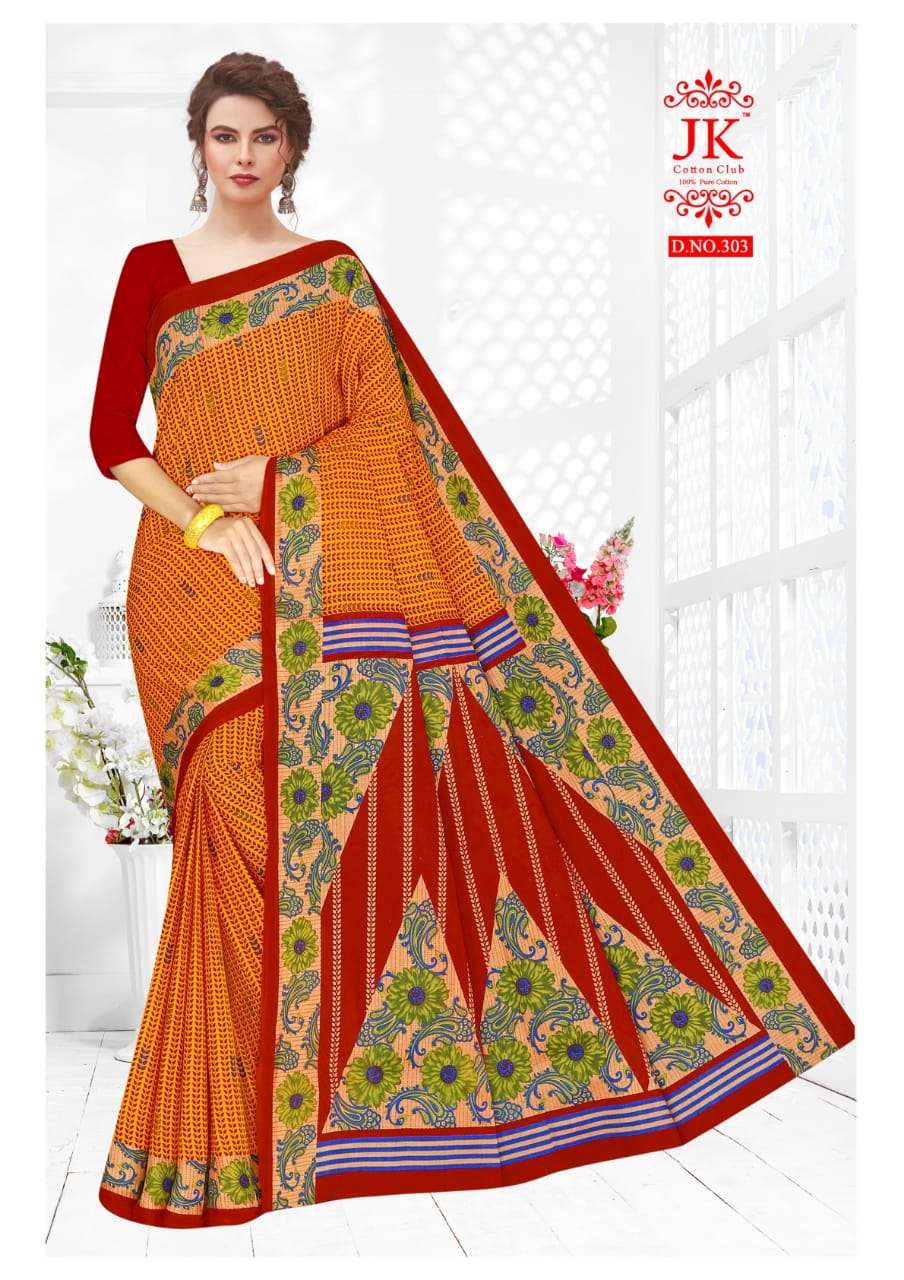 KANGANA VOL-3 BY JK COTTON CLUB 301 TO 312 SERIES INDIAN TRADITIONAL WEAR COLLECTION BEAUTIFUL STYLISH FANCY COLORFUL PARTY WEAR & OCCASIONAL WEAR PURE COTTON SAREES AT WHOLESALE PRICE