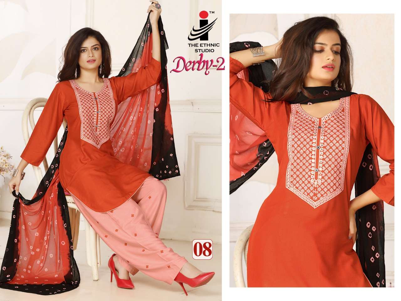DERBY VOL-2 BY THE ETHNIC STUDIO 01 TO 08 SERIES BEAUTIFUL SUITS COLORFUL STYLISH FANCY CASUAL WEAR & ETHNIC WEAR RAYON WORK DRESSES AT WHOLESALE PRICE