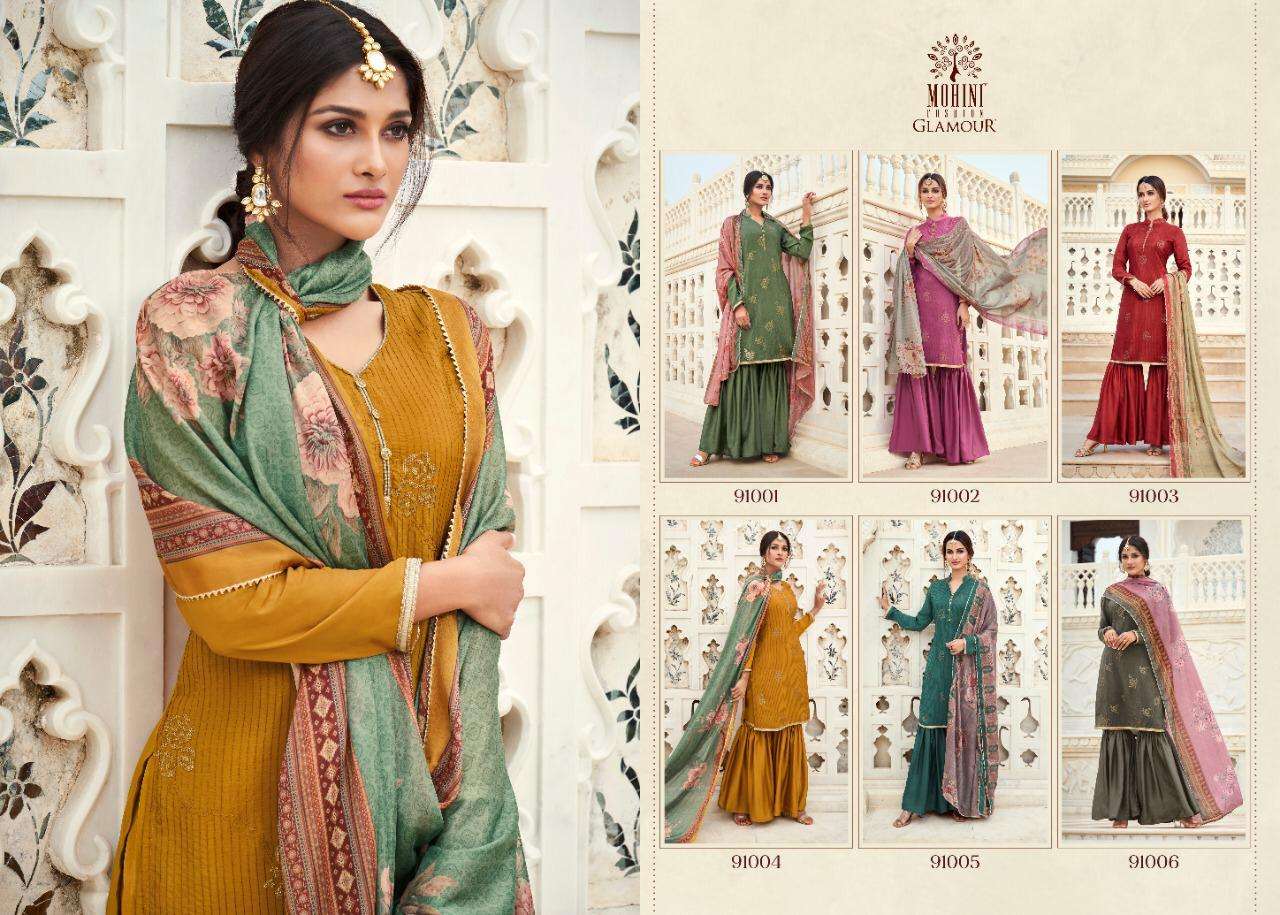 GLAMOUR VOL-91 BY MOHINI FASHION 91001 TO 91006 SERIES DESIGNER FESTIVE SUITS COLLECTION BEAUTIFUL STYLISH FANCY COLORFUL PARTY WEAR & OCCASIONAL WEAR NATURAL CREPE SILK EMBROIDERED DRESSES AT WHOLESALE PRICE