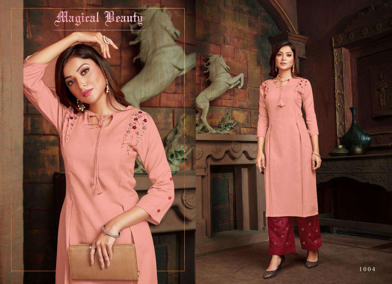AMAYA VOL-2 BY SELESTA 1001 TO 1006 SERIES DESIGNER STYLISH FANCY COLORFUL BEAUTIFUL PARTY WEAR & ETHNIC WEAR COLLECTION OM SLUB HANDWORK KURTIS WITH BOTTOM AT WHOLESALE PRICE