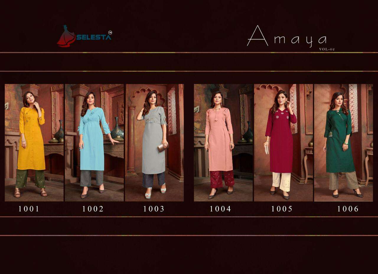 AMAYA VOL-2 BY SELESTA 1001 TO 1006 SERIES DESIGNER STYLISH FANCY COLORFUL BEAUTIFUL PARTY WEAR & ETHNIC WEAR COLLECTION OM SLUB HANDWORK KURTIS WITH BOTTOM AT WHOLESALE PRICE