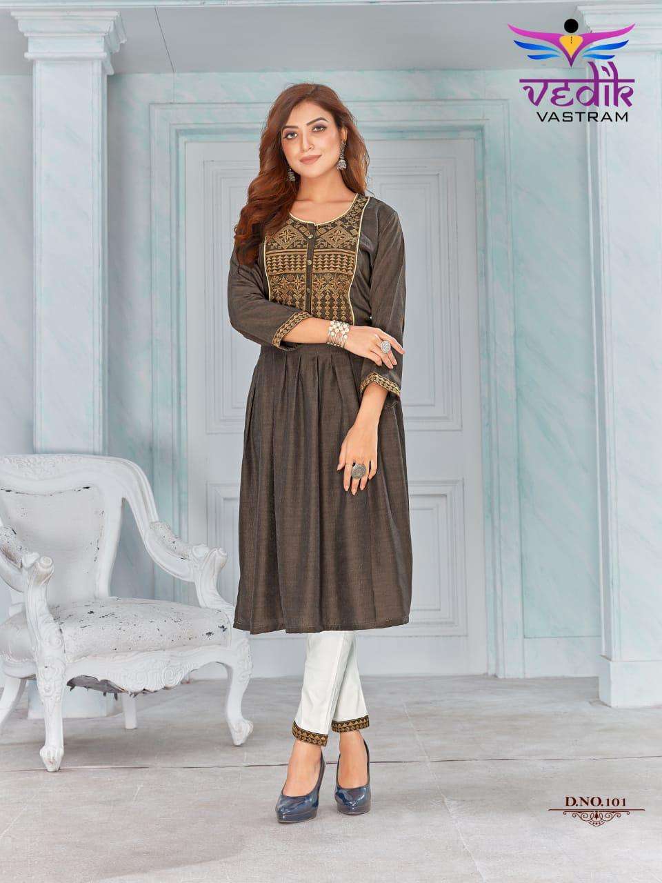 RICH LOOK VOL-1 BY VEDIK VASTRAM 101 TO 106 SERIES DESIGNER STYLISH FANCY COLORFUL BEAUTIFUL PARTY WEAR & ETHNIC WEAR COLLECTION RAYON EMBROIDERY KURTIS WITH BOTTOM AT WHOLESALE PRICE