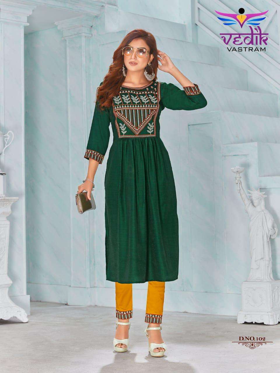 RICH LOOK VOL-1 BY VEDIK VASTRAM 101 TO 106 SERIES DESIGNER STYLISH FANCY COLORFUL BEAUTIFUL PARTY WEAR & ETHNIC WEAR COLLECTION RAYON EMBROIDERY KURTIS WITH BOTTOM AT WHOLESALE PRICE