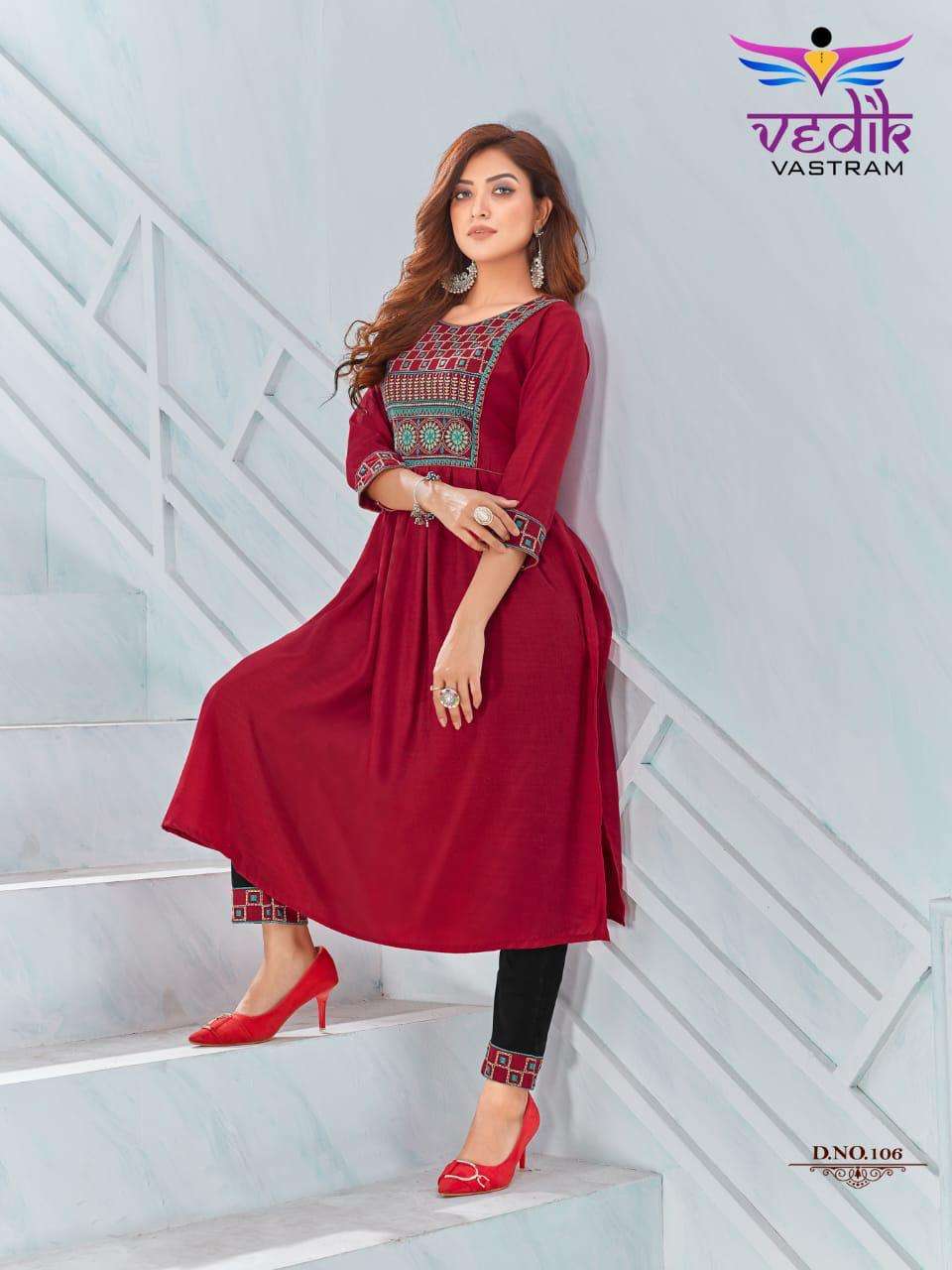 RICH LOOK VOL-1 BY VEDIK VASTRAM 101 TO 106 SERIES DESIGNER STYLISH FANCY COLORFUL BEAUTIFUL PARTY WEAR & ETHNIC WEAR COLLECTION RAYON EMBROIDERY KURTIS WITH BOTTOM AT WHOLESALE PRICE