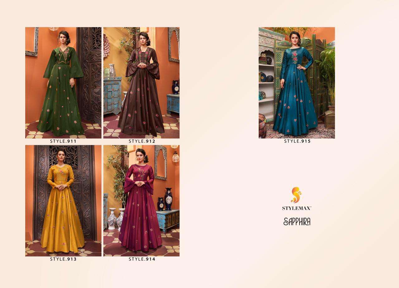 SAPPHIRA BY STYLEMAX 911 TO 915 SERIES BEAUTIFUL STYLISH FANCY COLORFUL CASUAL WEAR & ETHNIC WEAR & READY TO WEAR HEAVY COTTON MUSLIN EMBROIDERED GOWNS AT WHOLESALE PRICE