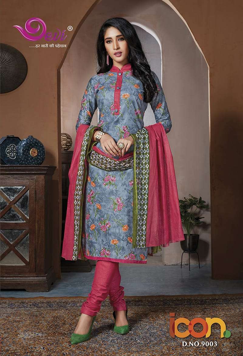 ICON VOL-9 BY DEVI 9001 TO 9012 SERIES INDIAN DESIGNER TRADITIONAL WEAR COLLECTION BEAUTIFUL STYLISH FANCY COLORFUL PARTY WEAR & OCCASIONAL WEAR COTTON DRESSES AT WHOLESALE PRICE
