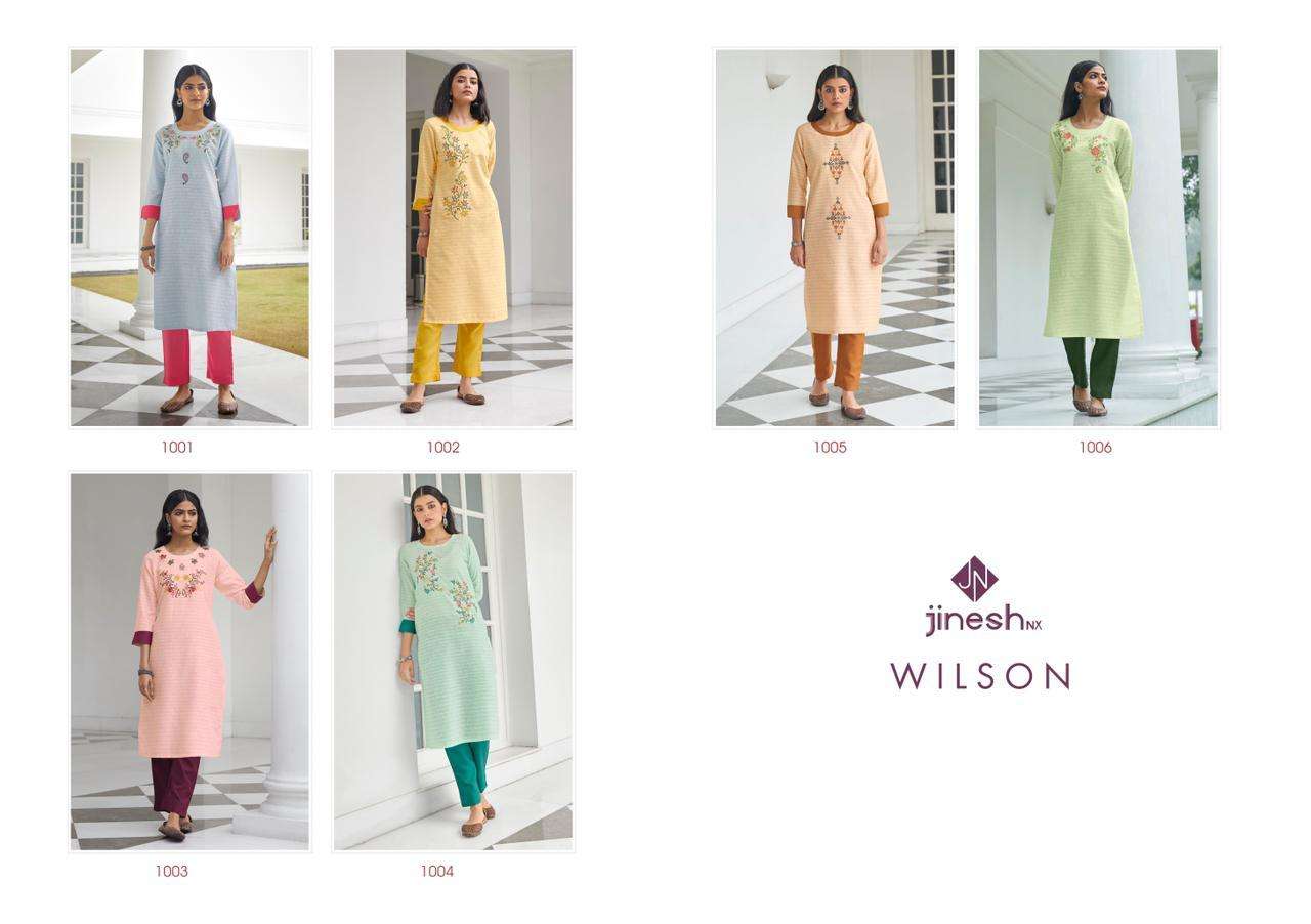 WILSON BY JINESH NX 1001 TO 1006 SERIES DESIGNER STYLISH FANCY COLORFUL BEAUTIFUL PARTY WEAR & ETHNIC WEAR COLLECTION COTTON STRIP KURTIS WITH BOTTOM AT WHOLESALE PRICE