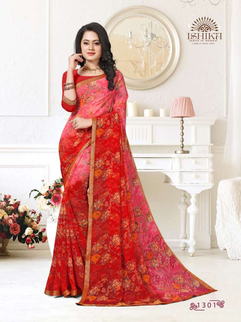 MEGHA BY ISHIKA FASHION 1301 TO 1306 SERIES INDIAN TRADITIONAL WEAR COLLECTION BEAUTIFUL STYLISH FANCY COLORFUL PARTY WEAR & OCCASIONAL WEAR GEORGETTE PRINT SAREES AT WHOLESALE PRICE