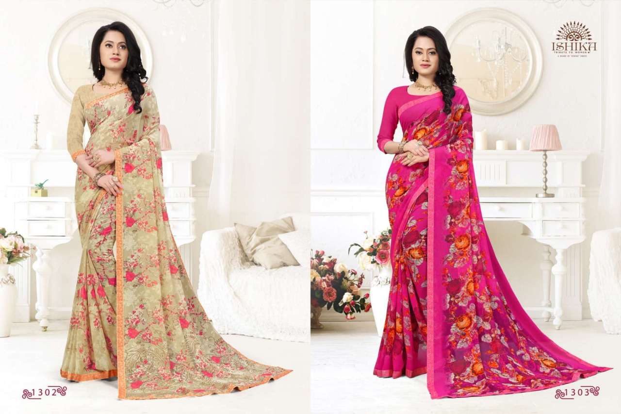 MEGHA BY ISHIKA FASHION 1301 TO 1306 SERIES INDIAN TRADITIONAL WEAR COLLECTION BEAUTIFUL STYLISH FANCY COLORFUL PARTY WEAR & OCCASIONAL WEAR GEORGETTE PRINT SAREES AT WHOLESALE PRICE