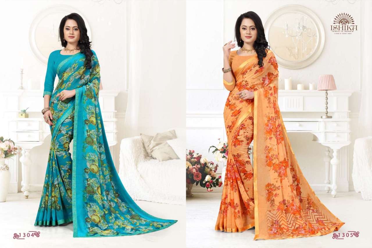 MEGHA BY ISHIKA FASHION 1301 TO 1306 SERIES INDIAN TRADITIONAL WEAR COLLECTION BEAUTIFUL STYLISH FANCY COLORFUL PARTY WEAR & OCCASIONAL WEAR GEORGETTE PRINT SAREES AT WHOLESALE PRICE