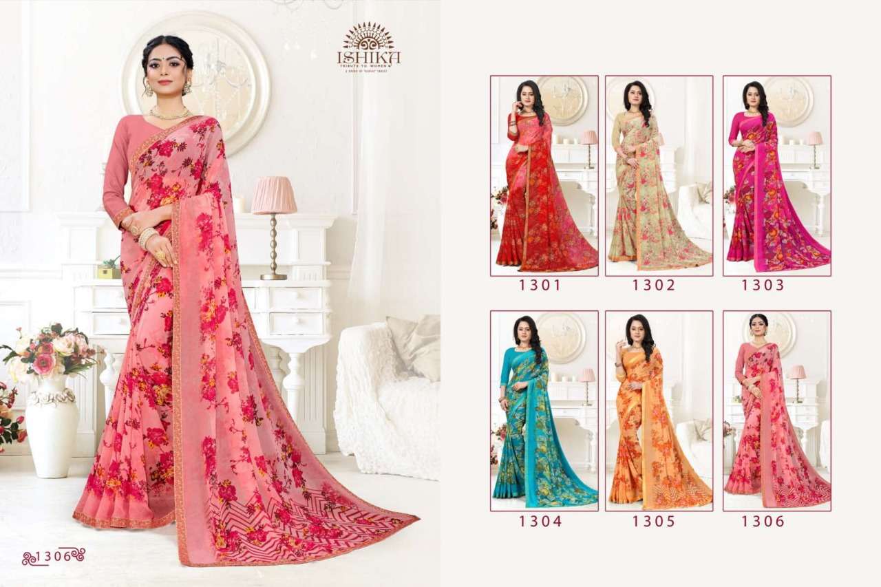 MEGHA BY ISHIKA FASHION 1301 TO 1306 SERIES INDIAN TRADITIONAL WEAR COLLECTION BEAUTIFUL STYLISH FANCY COLORFUL PARTY WEAR & OCCASIONAL WEAR GEORGETTE PRINT SAREES AT WHOLESALE PRICE