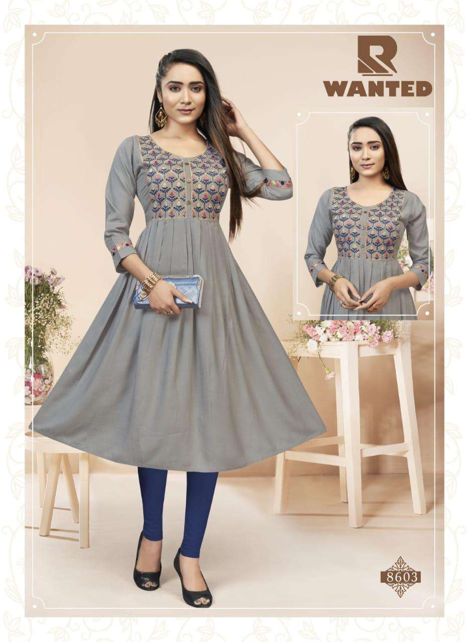 WANTED BY RAASHI 8601 TO 8608 SERIES DESIGNER STYLISH FANCY COLORFUL BEAUTIFUL PARTY WEAR & ETHNIC WEAR COLLECTION HEAVY RAYON SLUB KURTIS AT WHOLESALE PRICE