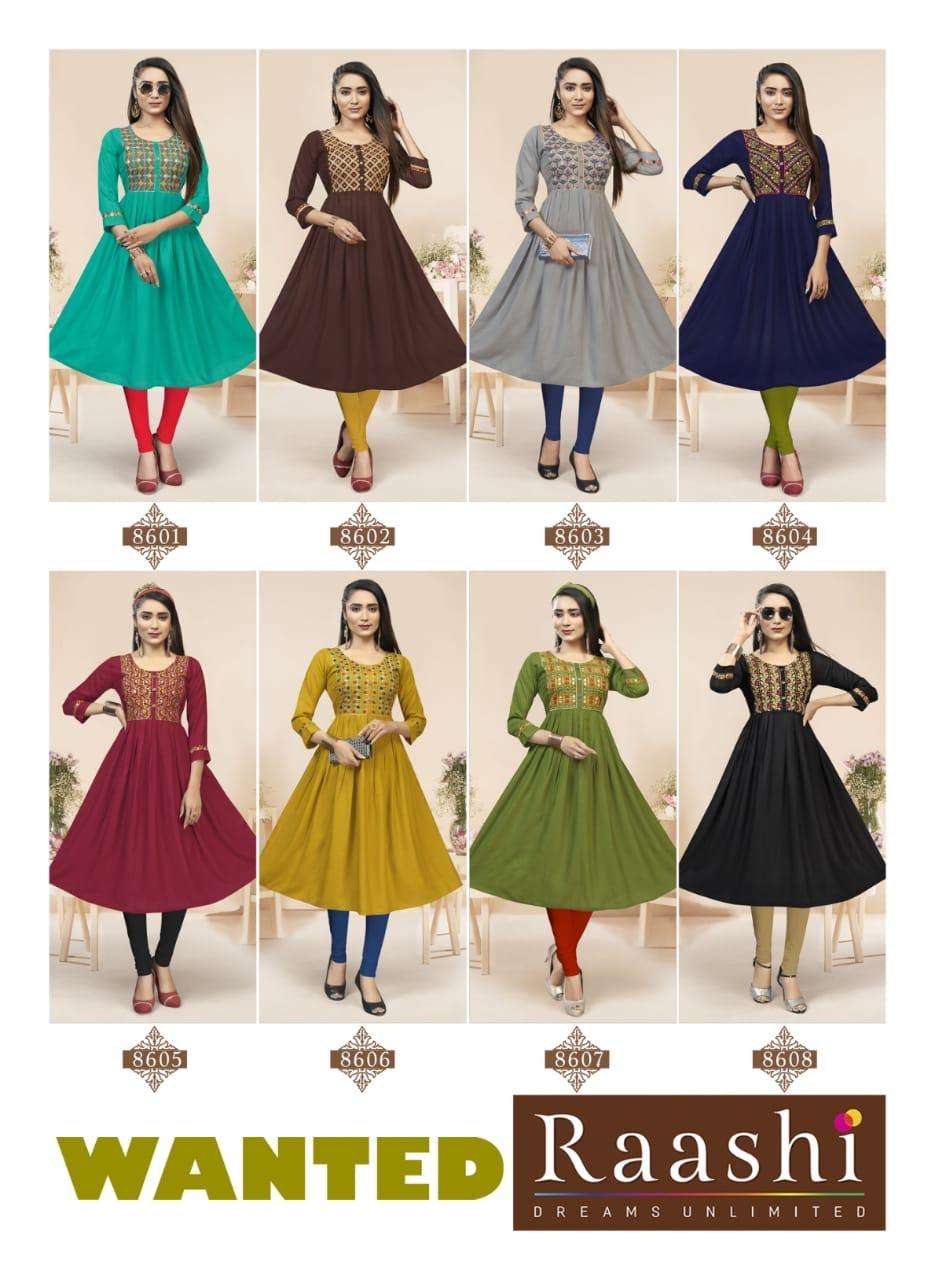 WANTED BY RAASHI 8601 TO 8608 SERIES DESIGNER STYLISH FANCY COLORFUL BEAUTIFUL PARTY WEAR & ETHNIC WEAR COLLECTION HEAVY RAYON SLUB KURTIS AT WHOLESALE PRICE