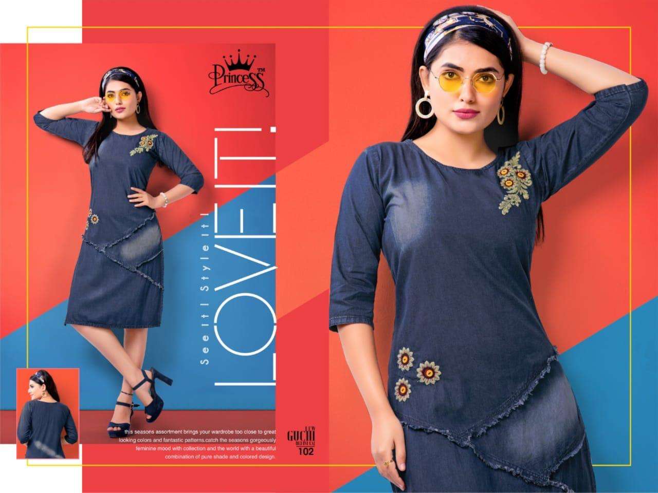 GUCHI BY PRINCESS DESIGNER STYLISH FANCY COLORFUL BEAUTIFUL PARTY WEAR & ETHNIC WEAR COLLECTION HEAVY DENIM EMBROIDERY KURTIS AT WHOLESALE PRICE