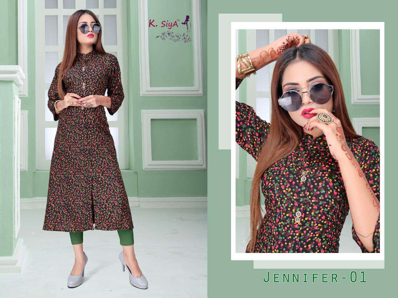 JENIFFER BY K.SIYA 01 TO 08 SERIES DESIGNER STYLISH FANCY COLORFUL BEAUTIFUL PARTY WEAR & ETHNIC WEAR COLLECTION RAYON PRINT KURTIS AT WHOLESALE PRICE