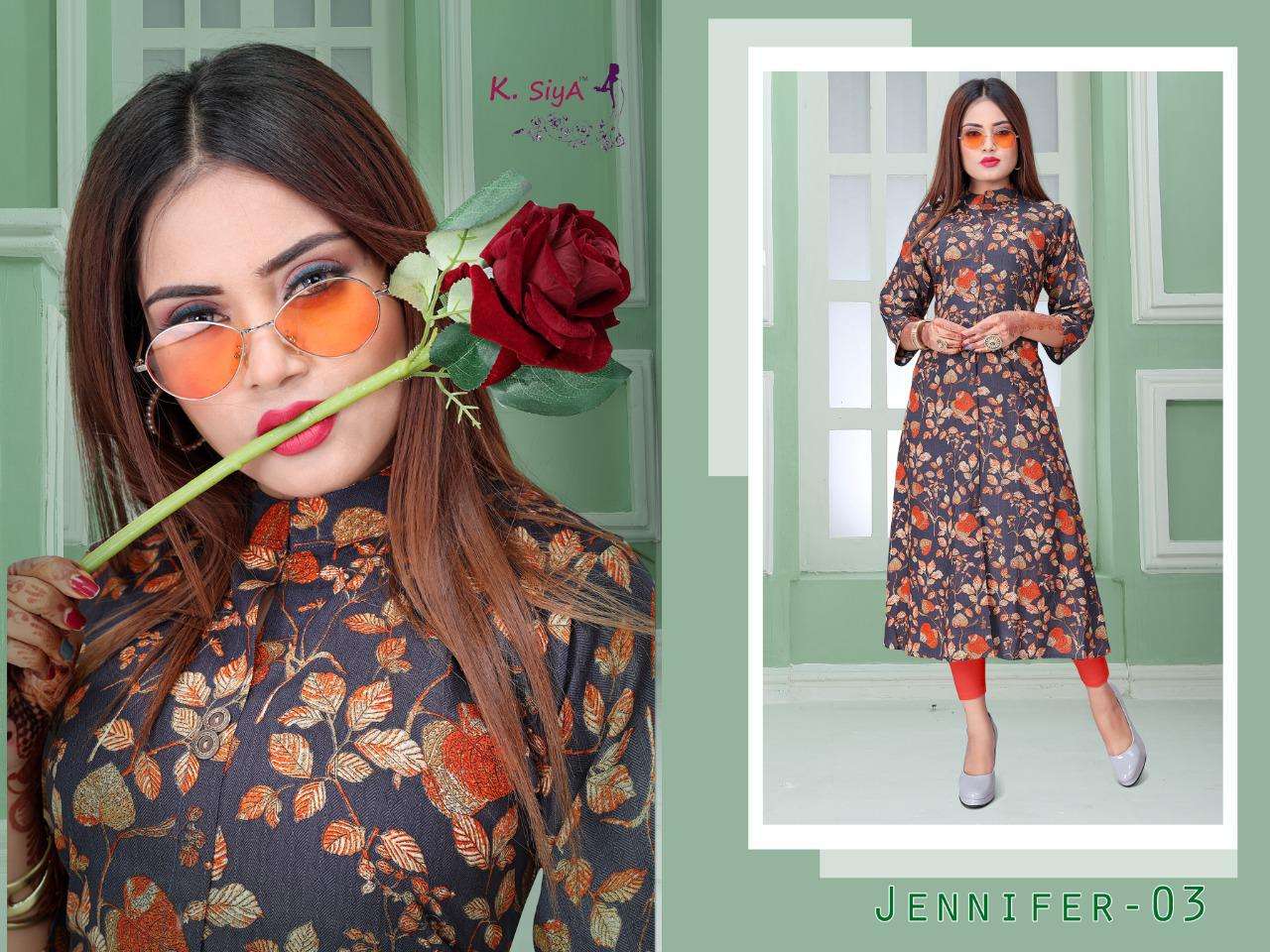 JENIFFER BY K.SIYA 01 TO 08 SERIES DESIGNER STYLISH FANCY COLORFUL BEAUTIFUL PARTY WEAR & ETHNIC WEAR COLLECTION RAYON PRINT KURTIS AT WHOLESALE PRICE