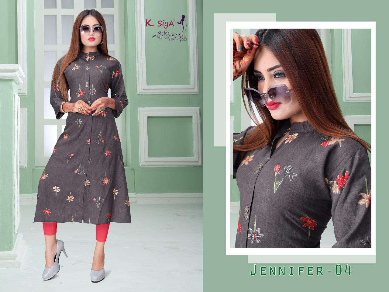 JENIFFER BY K.SIYA 01 TO 08 SERIES DESIGNER STYLISH FANCY COLORFUL BEAUTIFUL PARTY WEAR & ETHNIC WEAR COLLECTION RAYON PRINT KURTIS AT WHOLESALE PRICE