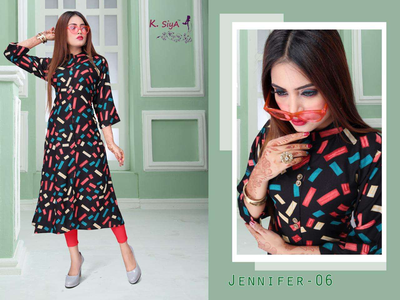 JENIFFER BY K.SIYA 01 TO 08 SERIES DESIGNER STYLISH FANCY COLORFUL BEAUTIFUL PARTY WEAR & ETHNIC WEAR COLLECTION RAYON PRINT KURTIS AT WHOLESALE PRICE