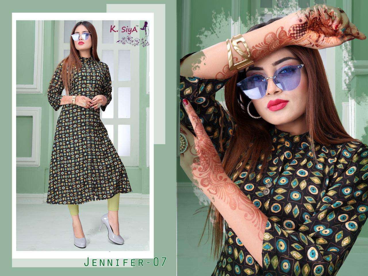 JENIFFER BY K.SIYA 01 TO 08 SERIES DESIGNER STYLISH FANCY COLORFUL BEAUTIFUL PARTY WEAR & ETHNIC WEAR COLLECTION RAYON PRINT KURTIS AT WHOLESALE PRICE