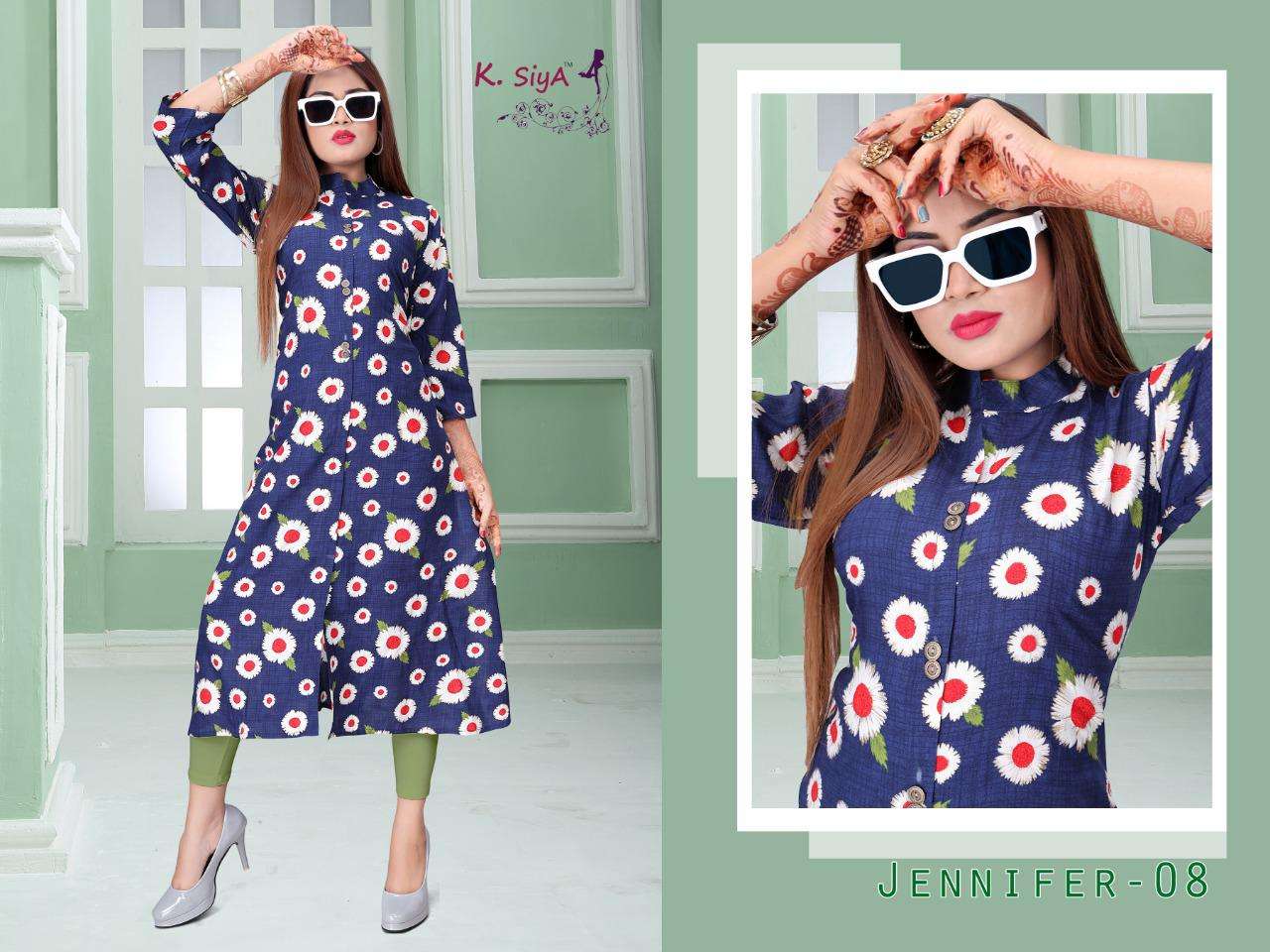JENIFFER BY K.SIYA 01 TO 08 SERIES DESIGNER STYLISH FANCY COLORFUL BEAUTIFUL PARTY WEAR & ETHNIC WEAR COLLECTION RAYON PRINT KURTIS AT WHOLESALE PRICE