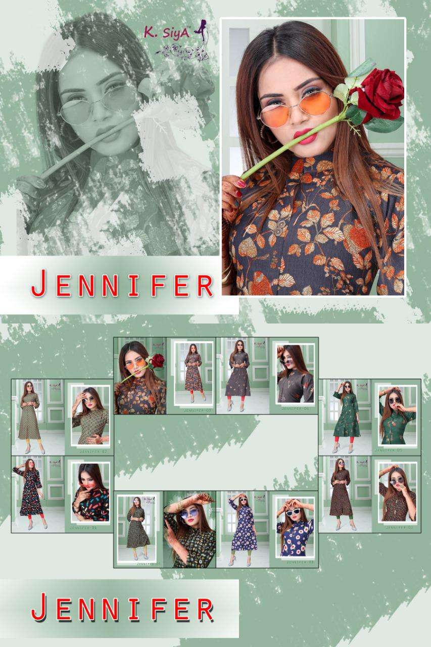 JENIFFER BY K.SIYA 01 TO 08 SERIES DESIGNER STYLISH FANCY COLORFUL BEAUTIFUL PARTY WEAR & ETHNIC WEAR COLLECTION RAYON PRINT KURTIS AT WHOLESALE PRICE