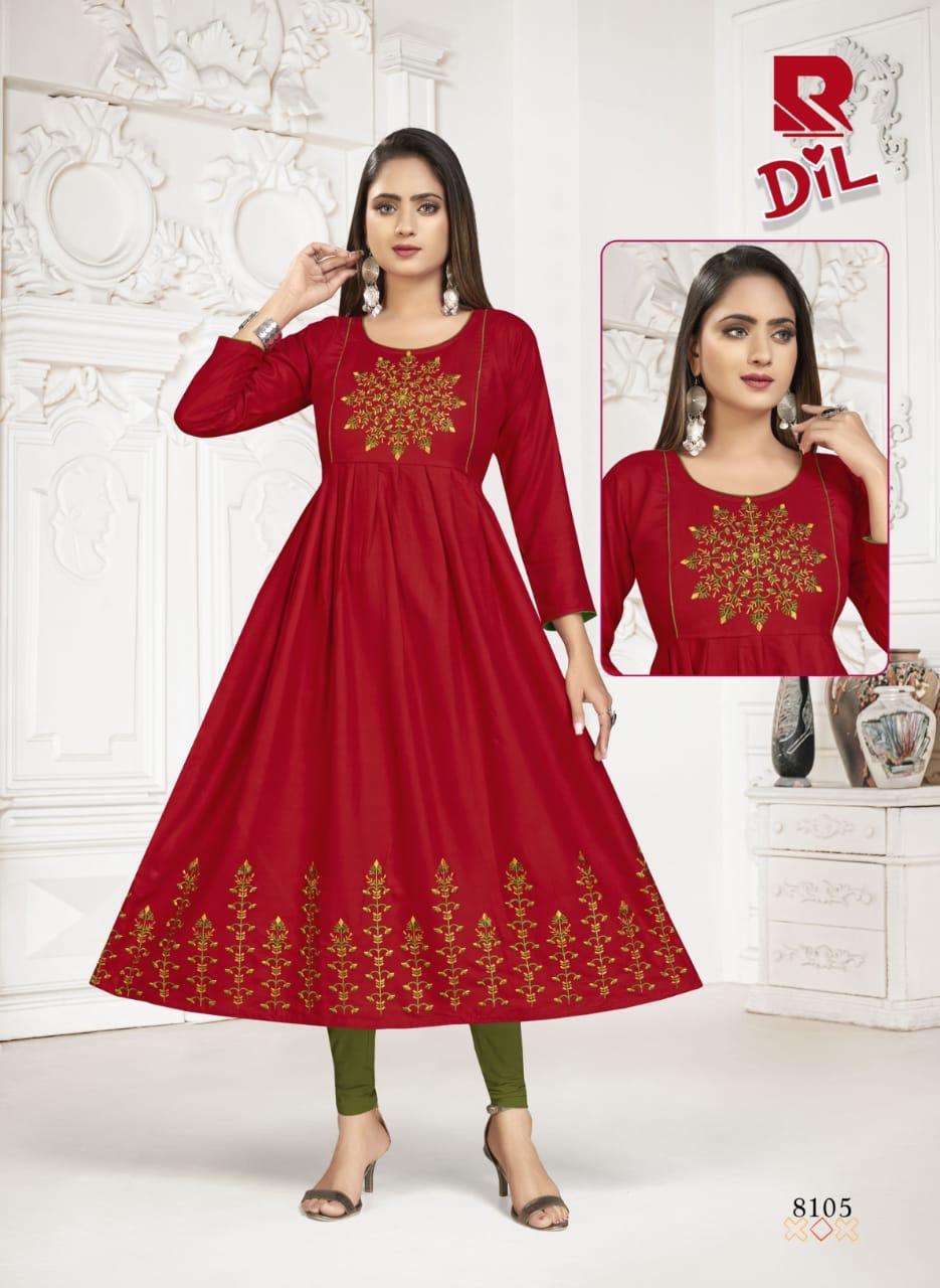 DIL BY RAASHI 8101 TO 8108 SERIES DESIGNER STYLISH FANCY COLORFUL BEAUTIFUL PARTY WEAR & ETHNIC WEAR COLLECTION RAYON EMBROIDERY KURTIS AT WHOLESALE PRICE