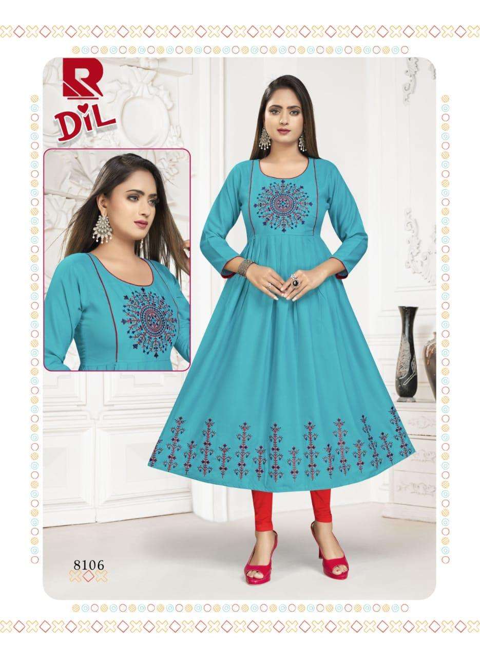 DIL BY RAASHI 8101 TO 8108 SERIES DESIGNER STYLISH FANCY COLORFUL BEAUTIFUL PARTY WEAR & ETHNIC WEAR COLLECTION RAYON EMBROIDERY KURTIS AT WHOLESALE PRICE