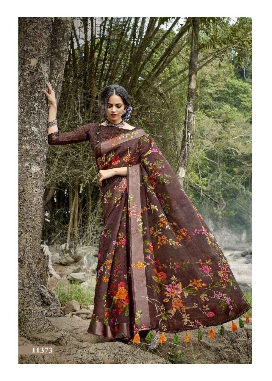 PANCHEE BY TRIVENI 11371 TO 11378 SERIES INDIAN TRADITIONAL WEAR COLLECTION BEAUTIFUL STYLISH FANCY COLORFUL PARTY WEAR & OCCASIONAL WEAR LINEN COTTON PRINT SAREES AT WHOLESALE PRICE