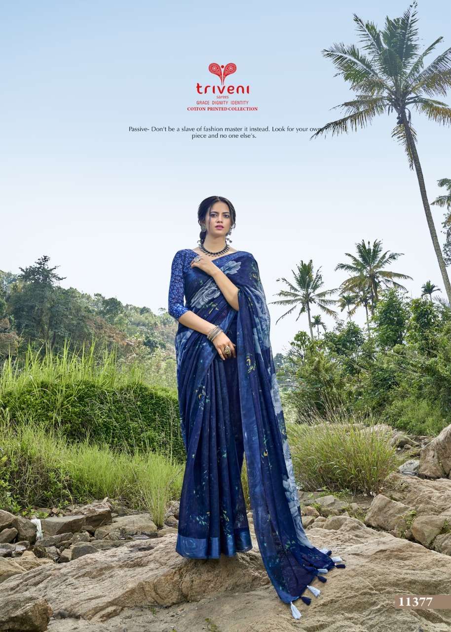 PANCHEE BY TRIVENI 11371 TO 11378 SERIES INDIAN TRADITIONAL WEAR COLLECTION BEAUTIFUL STYLISH FANCY COLORFUL PARTY WEAR & OCCASIONAL WEAR LINEN COTTON PRINT SAREES AT WHOLESALE PRICE