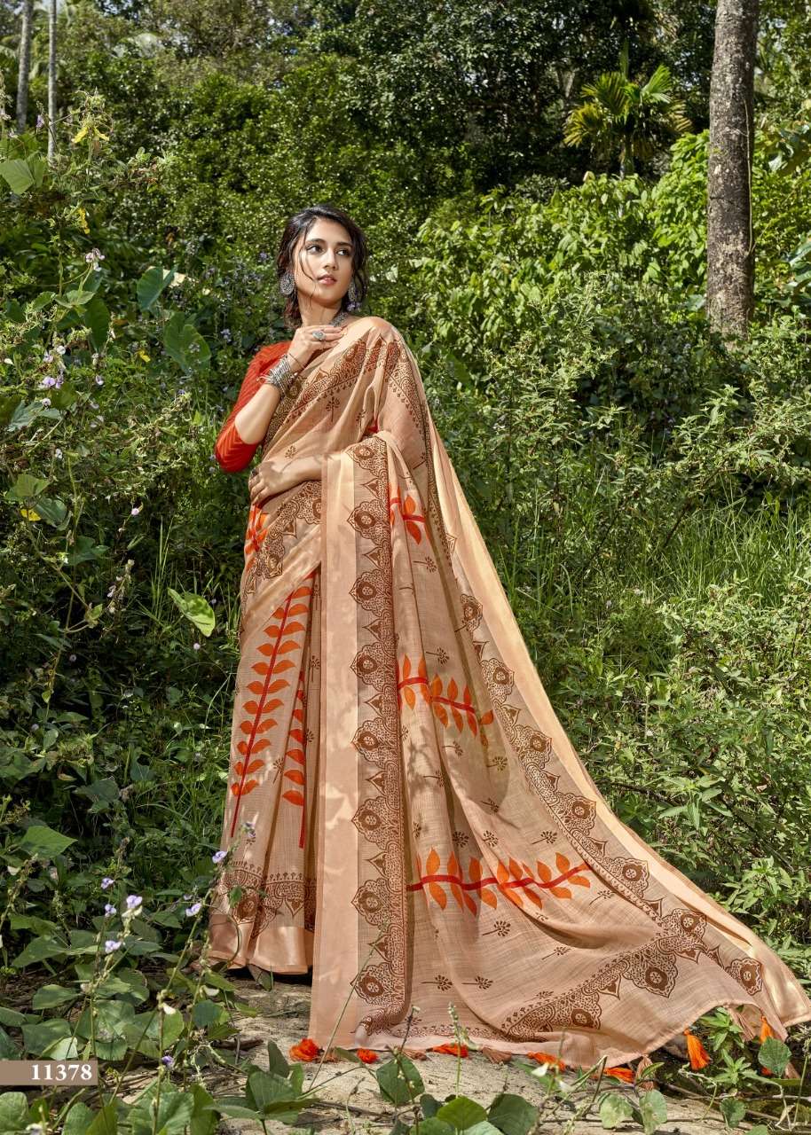 PANCHEE BY TRIVENI 11371 TO 11378 SERIES INDIAN TRADITIONAL WEAR COLLECTION BEAUTIFUL STYLISH FANCY COLORFUL PARTY WEAR & OCCASIONAL WEAR LINEN COTTON PRINT SAREES AT WHOLESALE PRICE