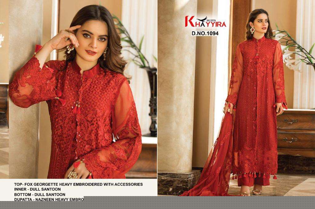 ALZOHAIB VOL-1 BY KHAYYIRA 1091 TO 1094 SERIES BEAUTIFUL SUITS STYLISH COLORFUL FANCY CASUAL WEAR & ETHNIC WEAR FAUX GEORGETTE EMBROIDERED DRESSES AT WHOLESALE PRICE