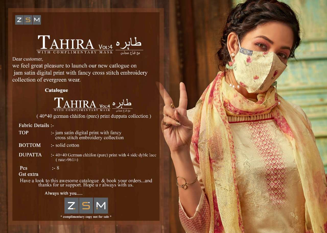 TAHIRA VOL-4 BY ZSM 4001 TO 4008 SERIES BEAUTIFUL SUITS COLORFUL STYLISH FANCY CASUAL WEAR & ETHNIC WEAR JAM SATIN DIGITAL PRINT EMBROIDERED DRESSES AT WHOLESALE PRICE