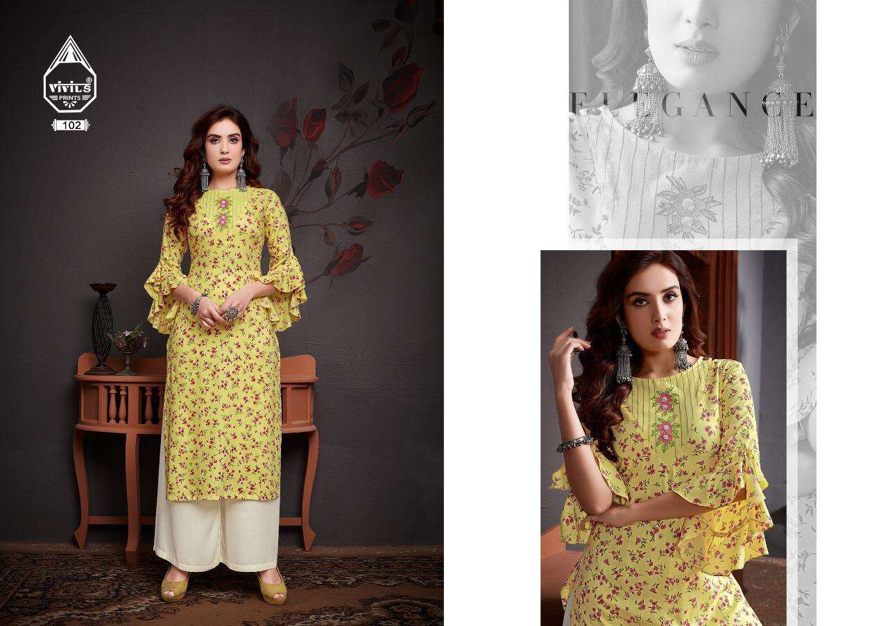 KAASH VOL-3 BY VIVILS PRINTS 101 TO 107 SERIES DESIGNER STYLISH FANCY COLORFUL BEAUTIFUL PARTY WEAR & ETHNIC WEAR COLLECTION RAYON EMBROIDERY KURTIS AT WHOLESALE PRICE