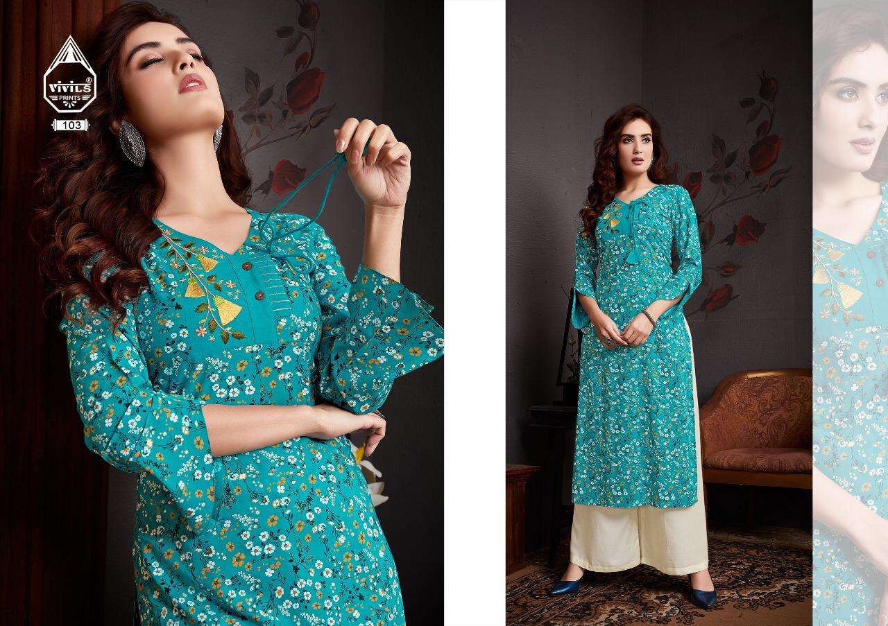 KAASH VOL-3 BY VIVILS PRINTS 101 TO 107 SERIES DESIGNER STYLISH FANCY COLORFUL BEAUTIFUL PARTY WEAR & ETHNIC WEAR COLLECTION RAYON EMBROIDERY KURTIS AT WHOLESALE PRICE