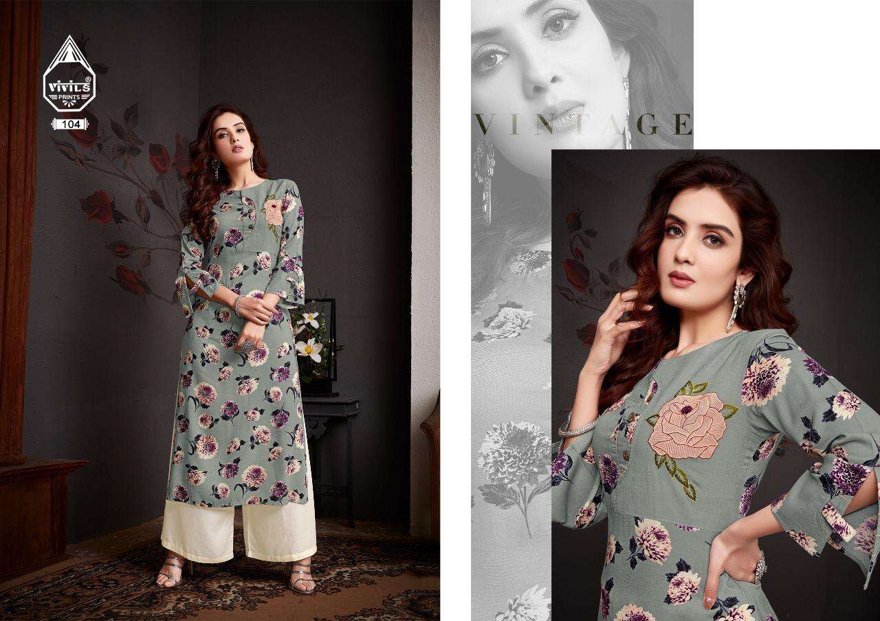 KAASH VOL-3 BY VIVILS PRINTS 101 TO 107 SERIES DESIGNER STYLISH FANCY COLORFUL BEAUTIFUL PARTY WEAR & ETHNIC WEAR COLLECTION RAYON EMBROIDERY KURTIS AT WHOLESALE PRICE