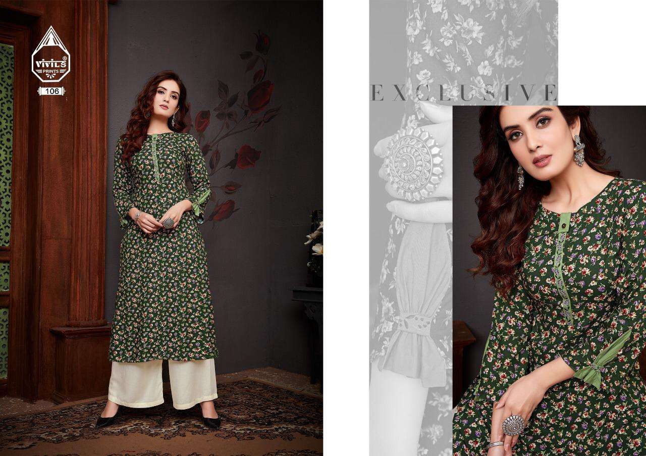 KAASH VOL-3 BY VIVILS PRINTS 101 TO 107 SERIES DESIGNER STYLISH FANCY COLORFUL BEAUTIFUL PARTY WEAR & ETHNIC WEAR COLLECTION RAYON EMBROIDERY KURTIS AT WHOLESALE PRICE