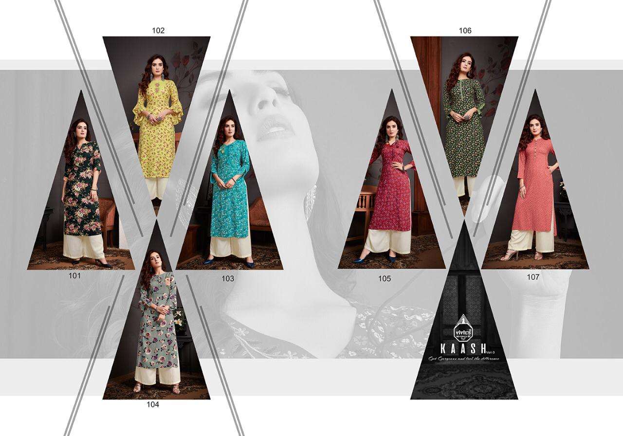 KAASH VOL-3 BY VIVILS PRINTS 101 TO 107 SERIES DESIGNER STYLISH FANCY COLORFUL BEAUTIFUL PARTY WEAR & ETHNIC WEAR COLLECTION RAYON EMBROIDERY KURTIS AT WHOLESALE PRICE