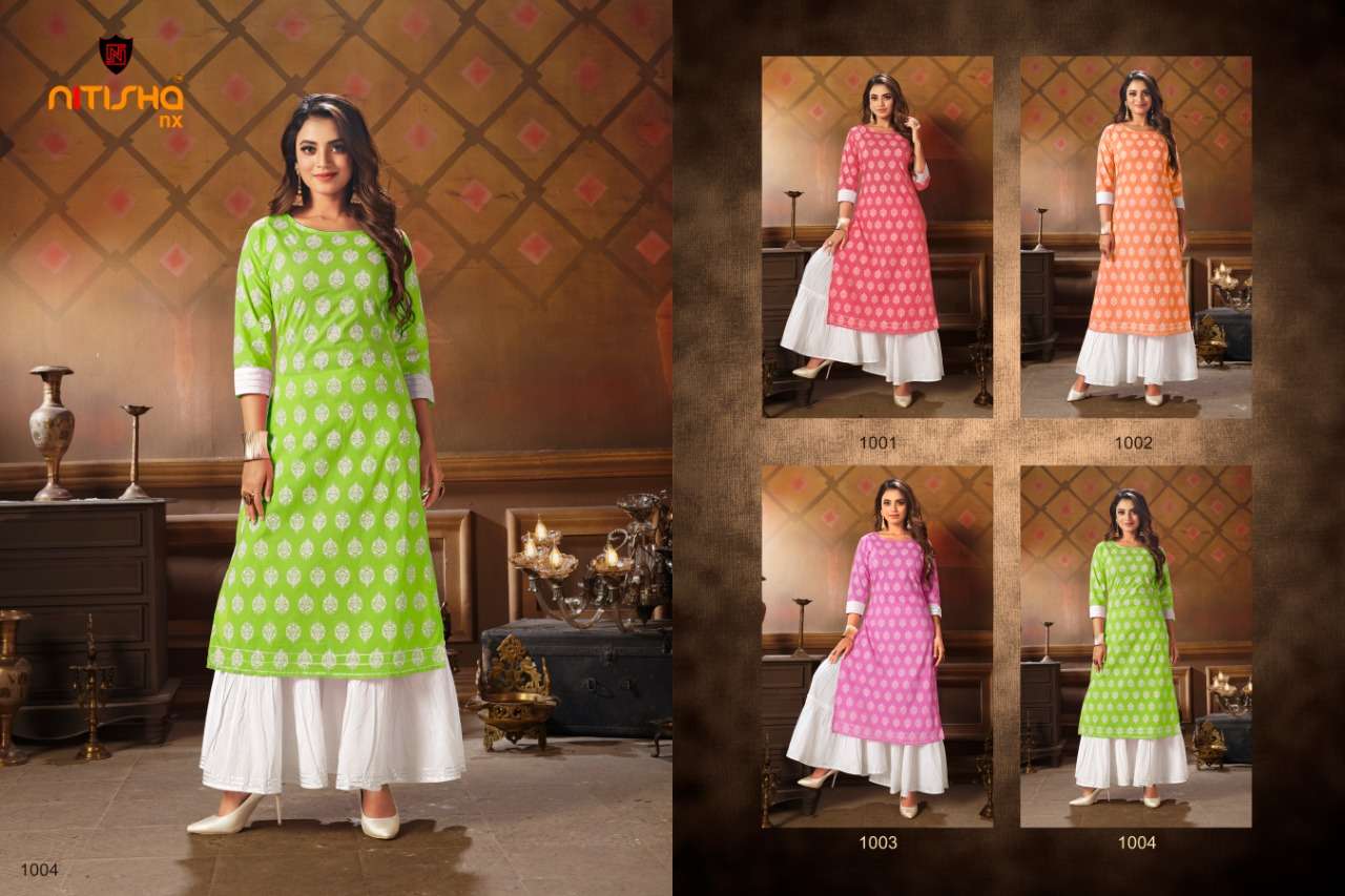 CHARKOL BY NITISHA NX 1001 TO 1004 SERIES DESIGNER STYLISH FANCY COLORFUL BEAUTIFUL PARTY WEAR & ETHNIC WEAR COLLECTION PURE COTTON KURTIS WITH BOTTOM AT WHOLESALE PRICE