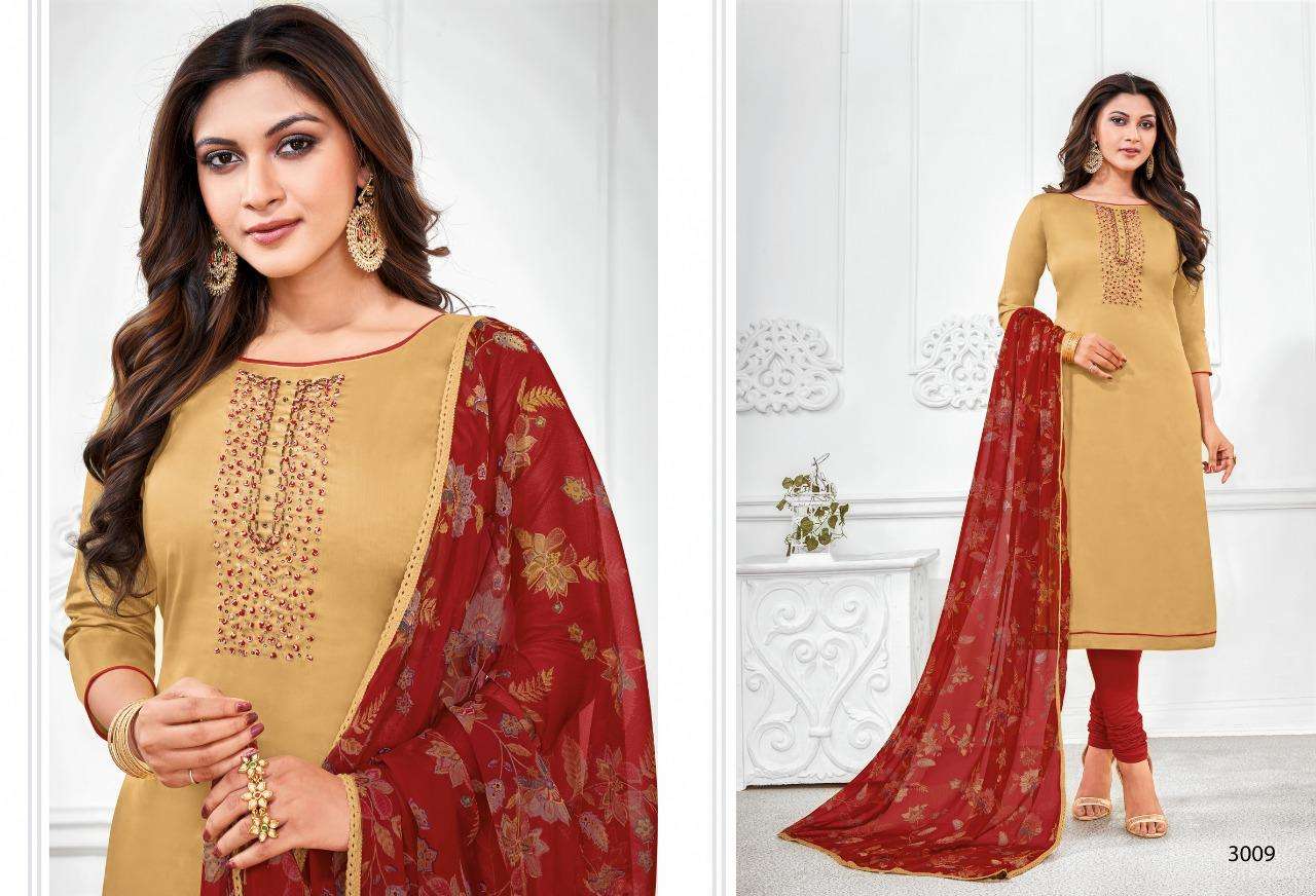 SUGAR N SPICE VOL-3 BY SHAGUN LIFESTYLE 3001 TO 3012 SERIES BEAUTIFUL SUITS COLORFUL STYLISH FANCY CASUAL WEAR & ETHNIC WEAR CHANDERI COTTON DRESSES AT WHOLESALE PRICE
