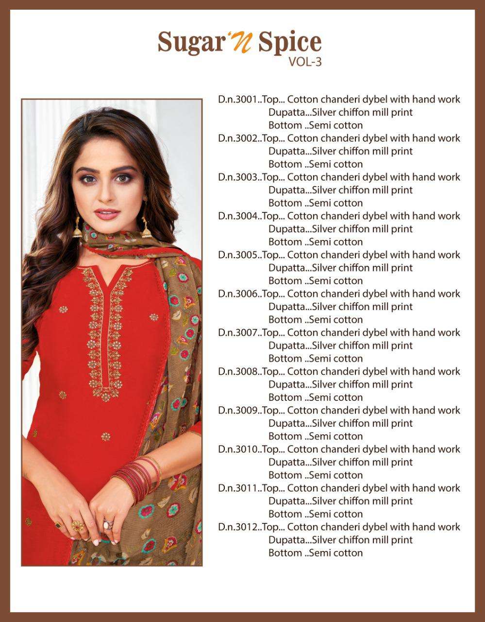 SUGAR N SPICE VOL-3 BY SHAGUN LIFESTYLE 3001 TO 3012 SERIES BEAUTIFUL SUITS COLORFUL STYLISH FANCY CASUAL WEAR & ETHNIC WEAR CHANDERI COTTON DRESSES AT WHOLESALE PRICE