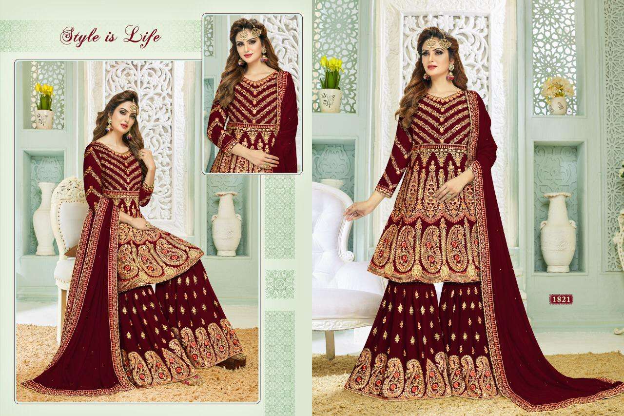 NAZARA VOL-1 BY A M CREATION 1821 TO 1826 SERIES BEAUTIFUL STYLISH SHARARA SUITS FANCY COLORFUL CASUAL WEAR & ETHNIC WEAR & READY TO WEAR FAUX GEORGETTE DRESSES AT WHOLESALE PRICE
