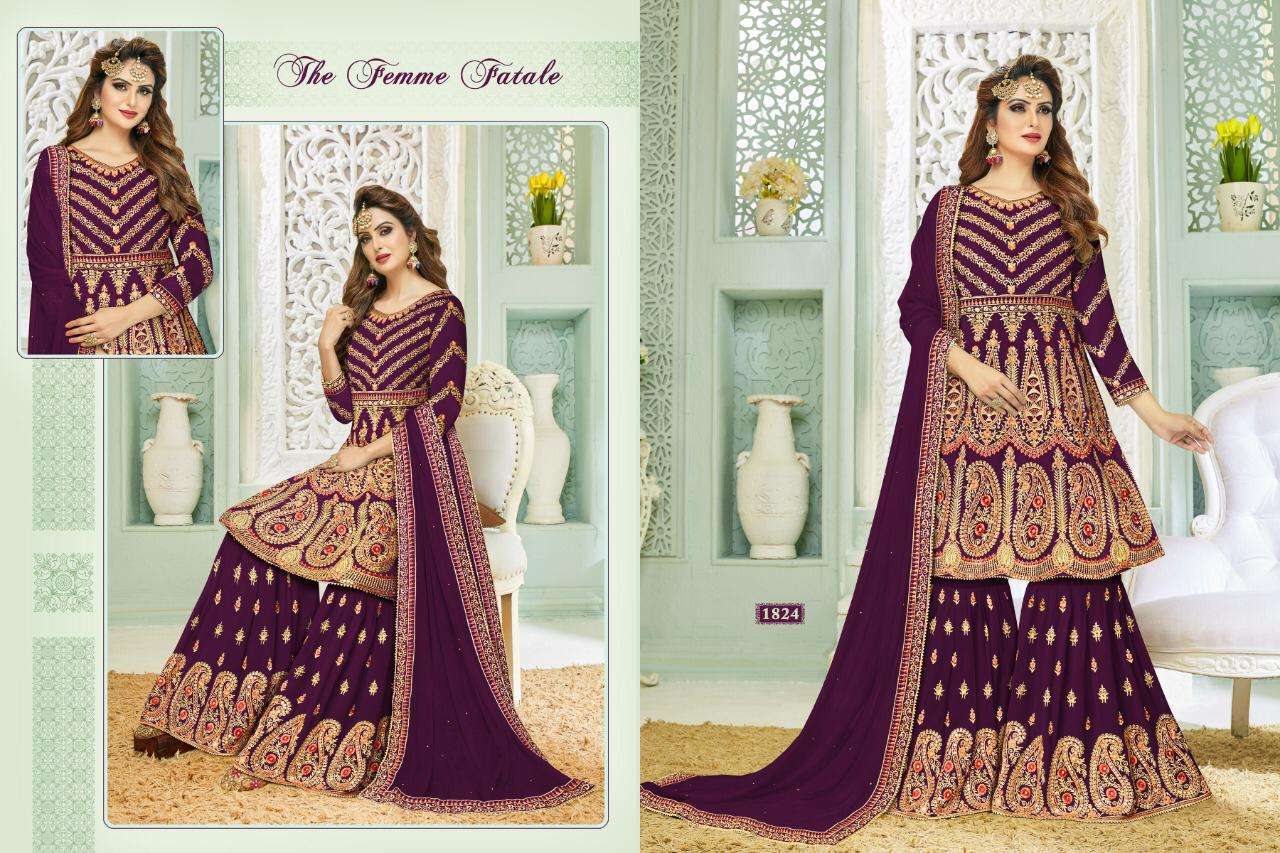 NAZARA VOL-1 BY A M CREATION 1821 TO 1826 SERIES BEAUTIFUL STYLISH SHARARA SUITS FANCY COLORFUL CASUAL WEAR & ETHNIC WEAR & READY TO WEAR FAUX GEORGETTE DRESSES AT WHOLESALE PRICE
