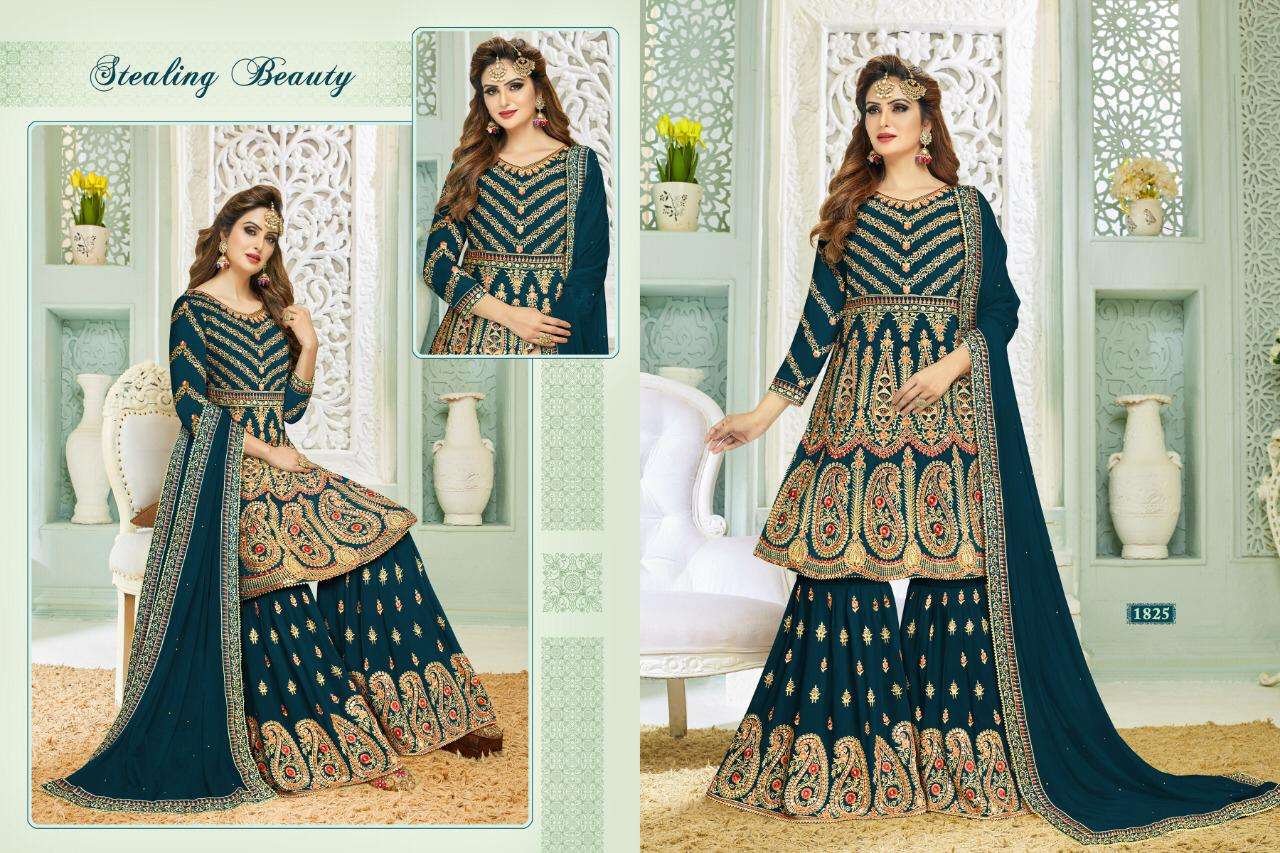 NAZARA VOL-1 BY A M CREATION 1821 TO 1826 SERIES BEAUTIFUL STYLISH SHARARA SUITS FANCY COLORFUL CASUAL WEAR & ETHNIC WEAR & READY TO WEAR FAUX GEORGETTE DRESSES AT WHOLESALE PRICE