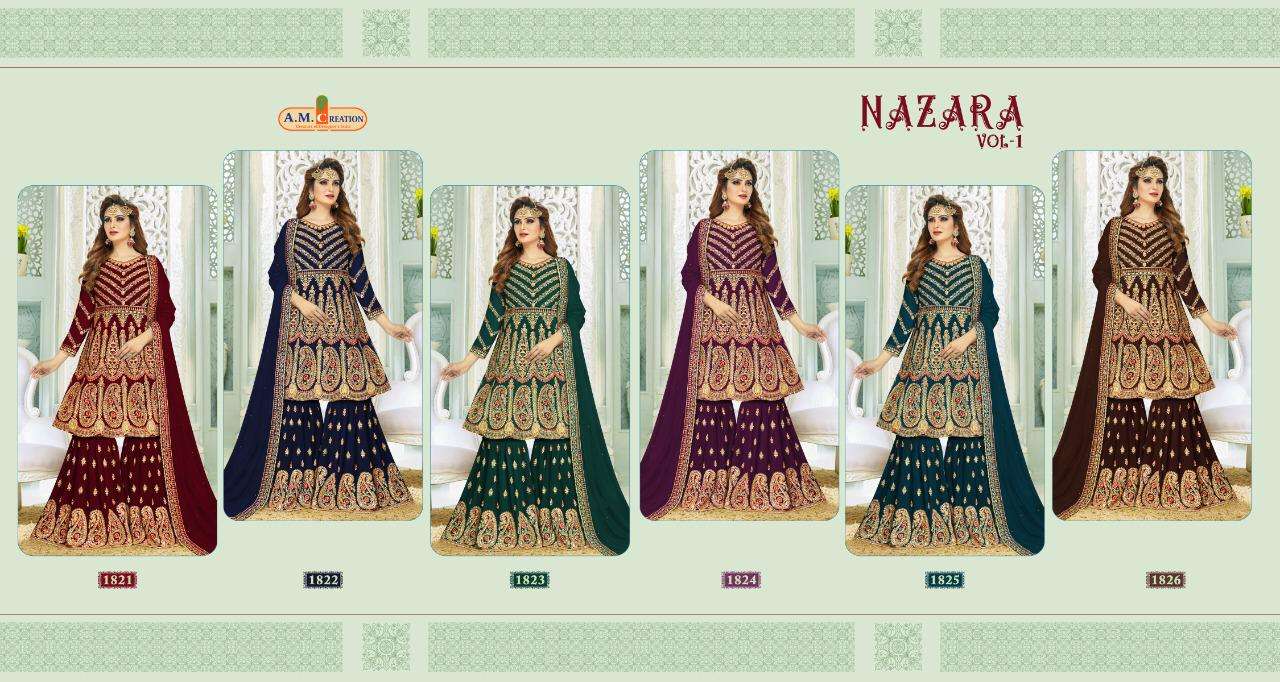 NAZARA VOL-1 BY A M CREATION 1821 TO 1826 SERIES BEAUTIFUL STYLISH SHARARA SUITS FANCY COLORFUL CASUAL WEAR & ETHNIC WEAR & READY TO WEAR FAUX GEORGETTE DRESSES AT WHOLESALE PRICE