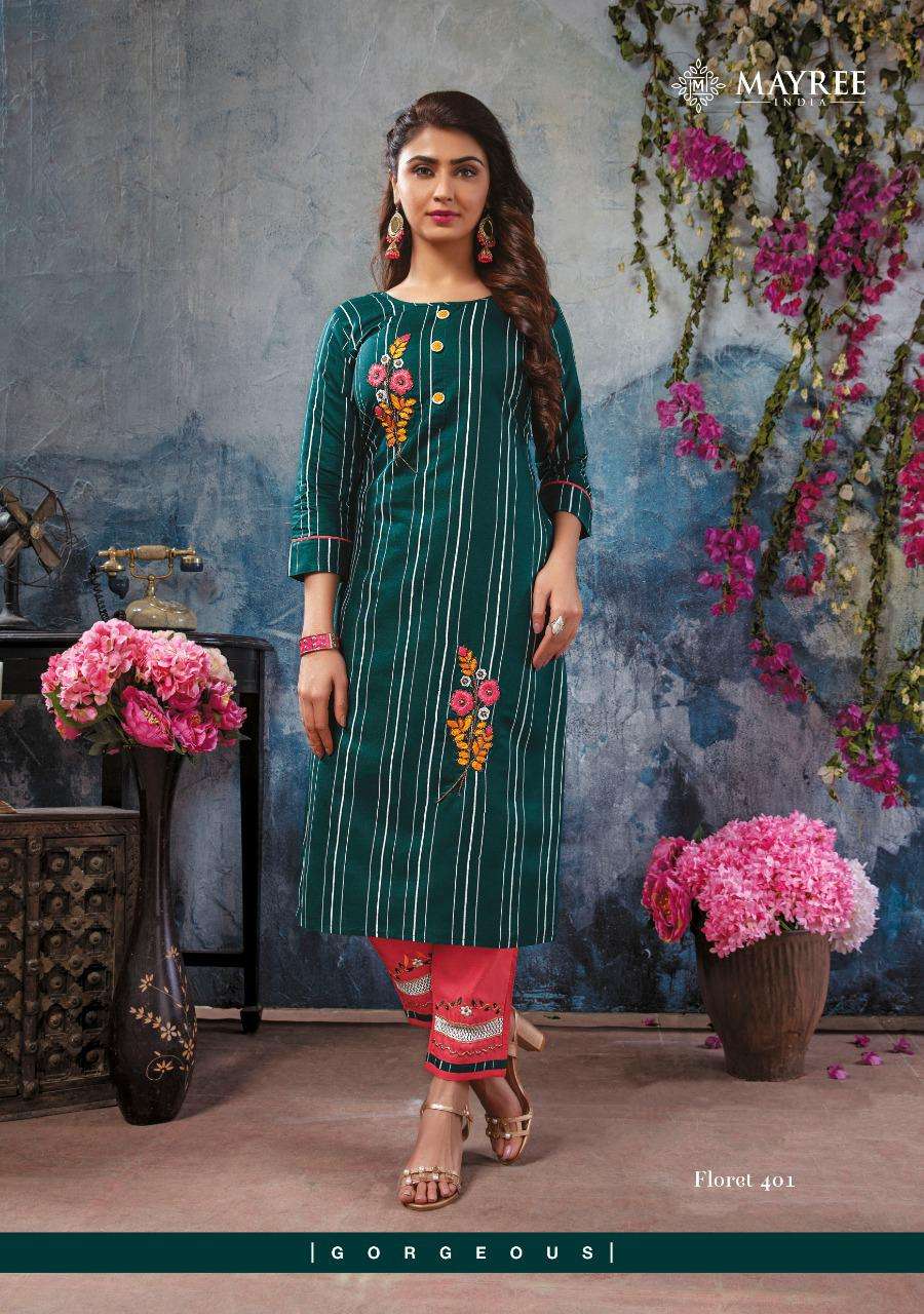 FLORET VOL-4 BY MAYREE 401 TO 408 SERIES DESIGNER STYLISH FANCY COLORFUL BEAUTIFUL PARTY WEAR & ETHNIC WEAR COLLECTION RAYON EMBROIDERY KURTIS WITH BOTTOM AT WHOLESALE PRICE