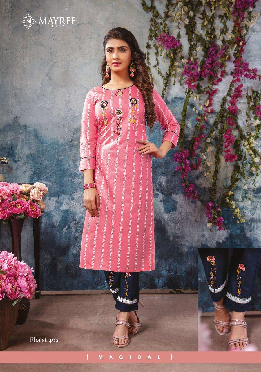 FLORET VOL-4 BY MAYREE 401 TO 408 SERIES DESIGNER STYLISH FANCY COLORFUL BEAUTIFUL PARTY WEAR & ETHNIC WEAR COLLECTION RAYON EMBROIDERY KURTIS WITH BOTTOM AT WHOLESALE PRICE