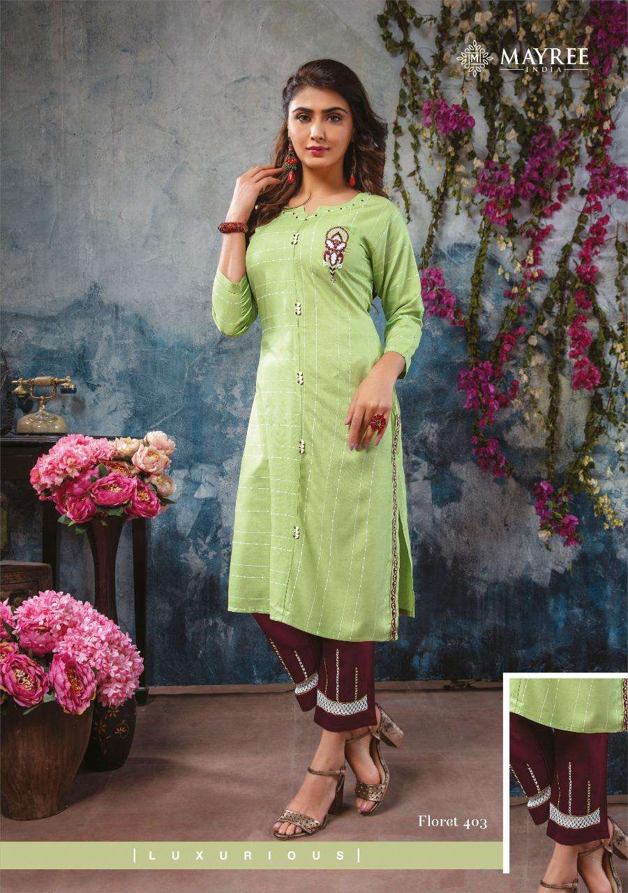 FLORET VOL-4 BY MAYREE 401 TO 408 SERIES DESIGNER STYLISH FANCY COLORFUL BEAUTIFUL PARTY WEAR & ETHNIC WEAR COLLECTION RAYON EMBROIDERY KURTIS WITH BOTTOM AT WHOLESALE PRICE