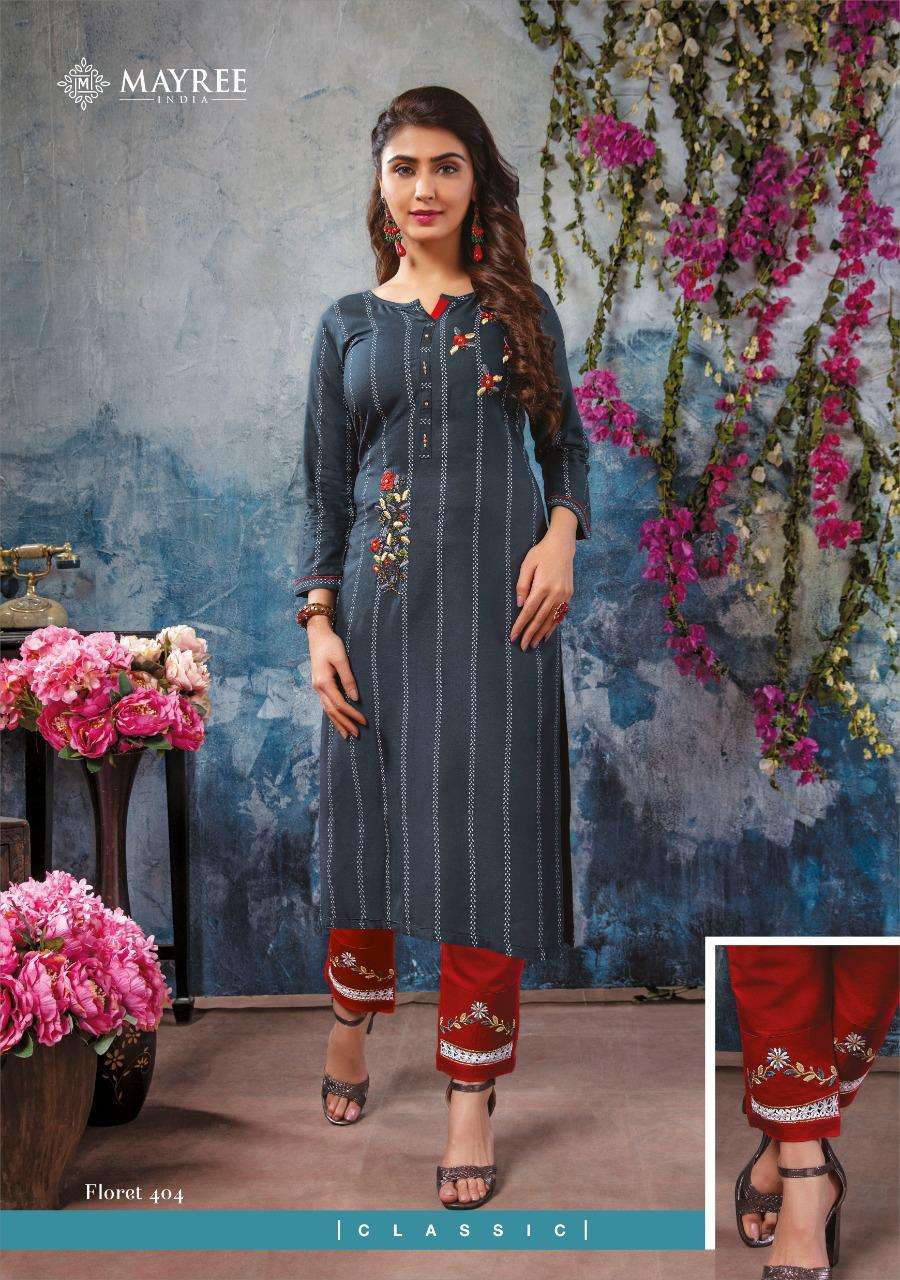 FLORET VOL-4 BY MAYREE 401 TO 408 SERIES DESIGNER STYLISH FANCY COLORFUL BEAUTIFUL PARTY WEAR & ETHNIC WEAR COLLECTION RAYON EMBROIDERY KURTIS WITH BOTTOM AT WHOLESALE PRICE