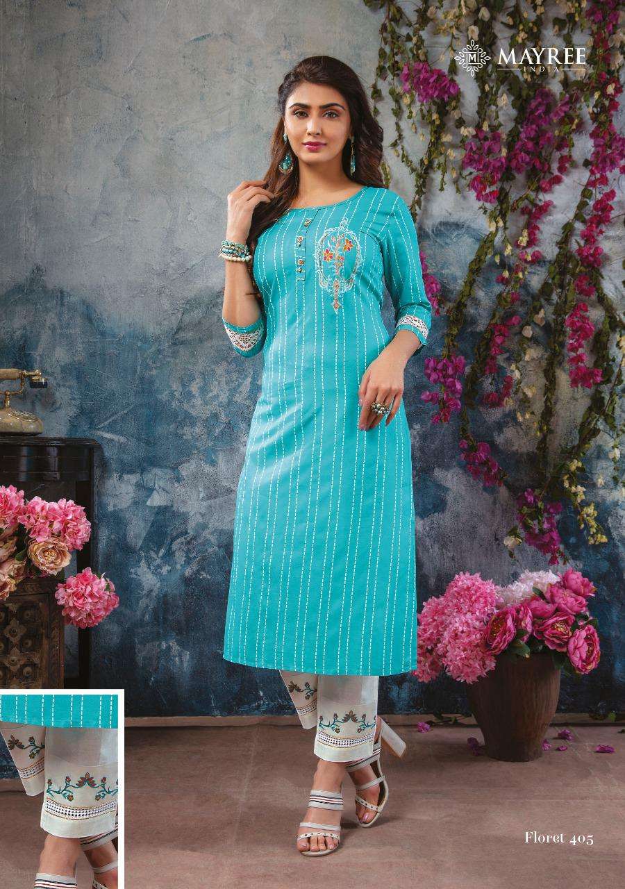 FLORET VOL-4 BY MAYREE 401 TO 408 SERIES DESIGNER STYLISH FANCY COLORFUL BEAUTIFUL PARTY WEAR & ETHNIC WEAR COLLECTION RAYON EMBROIDERY KURTIS WITH BOTTOM AT WHOLESALE PRICE