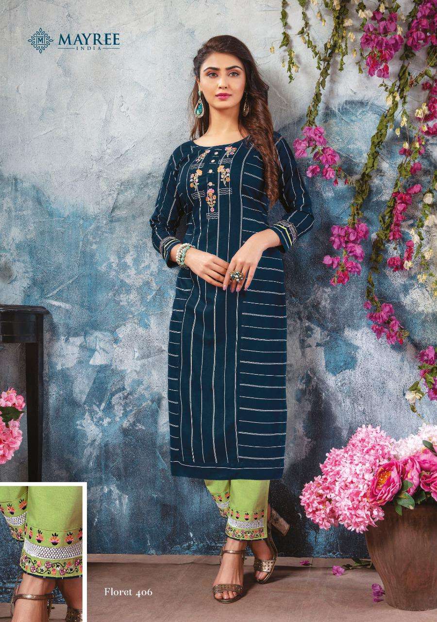 FLORET VOL-4 BY MAYREE 401 TO 408 SERIES DESIGNER STYLISH FANCY COLORFUL BEAUTIFUL PARTY WEAR & ETHNIC WEAR COLLECTION RAYON EMBROIDERY KURTIS WITH BOTTOM AT WHOLESALE PRICE